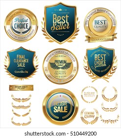 Vector medieval golden shields laurel wreaths and badges collection