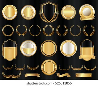 Vector medieval golden shields laurel wreaths and badges collection 