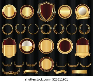 Vector medieval golden shields laurel wreaths and badges collection 