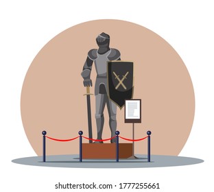 Vector medieval kingdom royal guard statue in knight armor with equipment sword, shield at historic museum. Exhibition room vector interior with ancient column decoration. European history learning