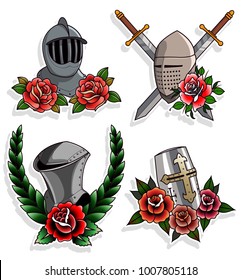 Vector Medieval Knight's Helmets and Roses Tattoo Art Composition
