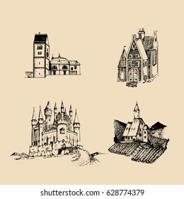 Imágenes de paisajes medievales vectoriales. Esbozos dibujados a mano de iglesia, abadía, castillo, etc en campos y colinas.
