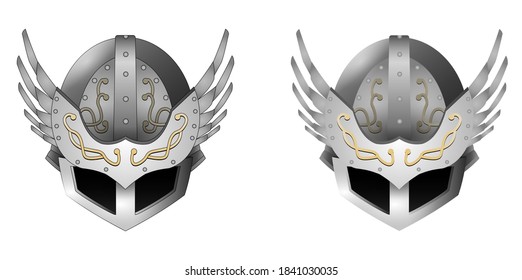 Vector medieval metal winged helmet with patterns on a white background. With and without contours