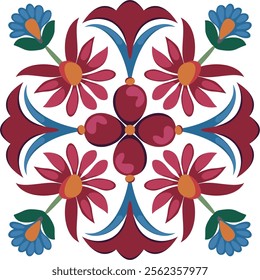 Vector medieval ornament. Flower. Stylized red flower in retro style. Rich.