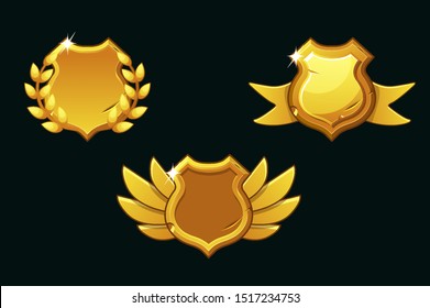 Vector Medieval Shields In Gold Color. Empty Template Shield. Award Shield With Wings, Ribbon And Laurel Wreath