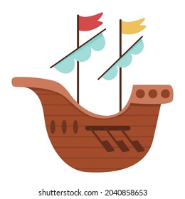 Vector medieval ship with paddles and sails. Fairytale boat icon isolated on white background. Historical vessel. Fairy tale water transport illustration
