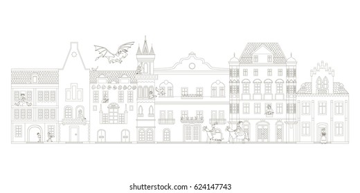 Vector medieval street doodle.Vector line illustration.Coloring adult book. Fairy houses with princess, cavalier and dragon.