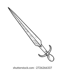 Vektor mittelalterliches Schwert im grafischen Linienstil. Lineare Illustration von Waffen für Fantasy-Designs, Heraldik, Spielmaterial, Tattoos, Plakate, Drucke, Ikonen und dekorative historische Kompositionen.