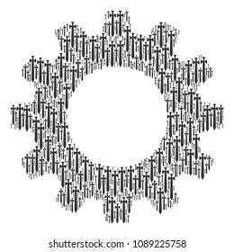 Vector medieval sword icons are arranged into gear wheel combination. Equipment design concept constructed from medieval sword components.