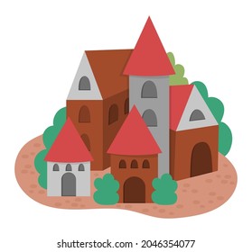 Vector Medieval village icon isolated on white background. Magic kingdom picture. Stone and wooden building set. Countryside with towers, houses, trees. Fairy tale country illustration
