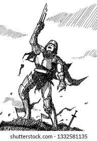 Vector medieval warrior in armor with a broken sword on the battlefield