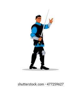 Vector Medieval warrior, knight Cartoon Illustration. Crusader with sword. Unusual Logo template isolated on a white background