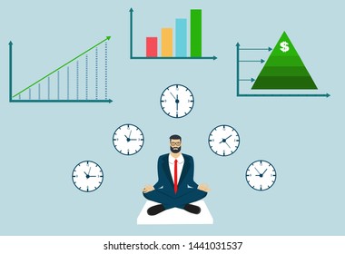 Vector of a meditating businessman with financial growing graphs on the background 