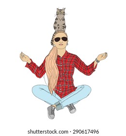  vector meditation hipster girl with cat in the head