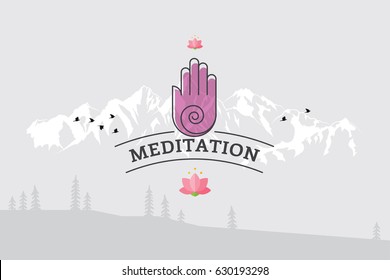 Vector meditation illustration design with lotus and hand posture relax 