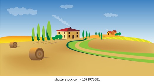 Vector mediterranean landscape. Beautiful cypress trees grow near lonely houses