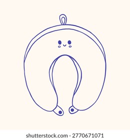 Vector mediterranean navy blue hand drawn outline sketch monochrome doodle travel neck pillow character with smiling face. Comfy airplane pillow accessory for vacation, tourism and journey theme.