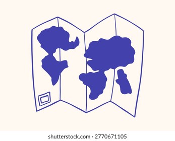 Vector mediterranean navy blue hand drawn outline sketch monochrome doodle world map in three folding section. Minimal travel navigation illustration for adventure, trip planning and vacation theme.
