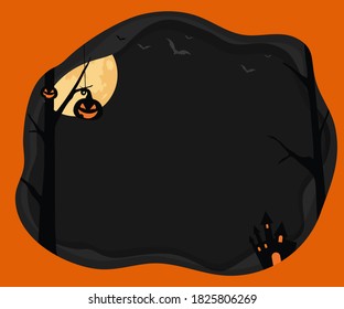 The vector medium rectangle banner size Halloween template background with black, orange layer border, moon, bat, pumpkin