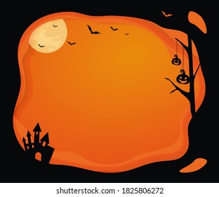 The vector medium rectangle banner size Halloween template background with black, orange layer border, moon, bat, pumpkin