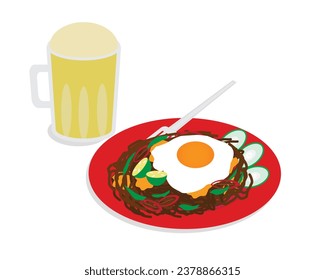 A vector of "Mee goreng mamak" and "teh tarik" on white background. Famous streets food in Malaysia.