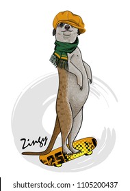 Vector meerkat with a skateboard, yellow cap and knitted scarf. Hand drawn illustration of dressed animal.