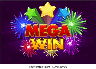 Vector Mega big win banner for lottery or casino games. Shooting colored stars and firework