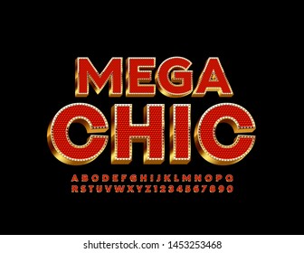 Vector Mega Chic Uppercase Font. 3D Red and Golden Alphabet. Elite textured Letters and Numbers