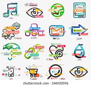 Mega colección vectorial de infografías de línea y pegatinas. Diversos íconos con franjas adhesivas info