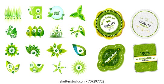 Vector mega collection of nature and ecology symbols - grass, leaves, plants and trees. Vector environmental concept sticker