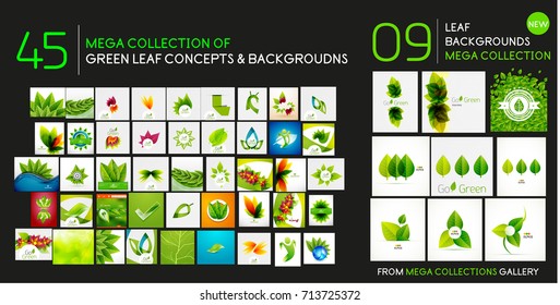 Vector mega collection of nature and ecology backgrounds - grass, leaves, plants and trees. Vector environmental concepts