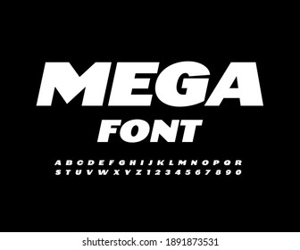 Vector Mega Font. White modern Alphabet. Bold stylish Letters and Numbers set