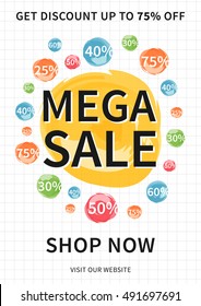 Vector Mega Sale banner with discounts for online stores, websites, retail posters, social media ads. Creative banner layout for m-commerce, mobile promotions, sale materials, coupons, advertising.