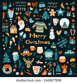 
Vector mega set of Christmas and New Year elements with holiday objects and symbols. Hand drawn style, design of cards, posters, packaging.