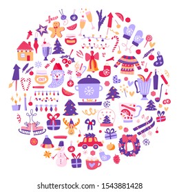 
Vector mega set of Christmas and New Year elements with holiday objects and symbols. Hand drawn style, design of cards, posters, packaging.