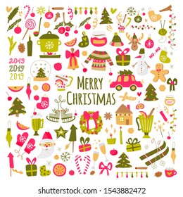 Vector mega set of Christmas and New Year elements with holiday objects and symbols. Hand drawn style, design of cards, posters, packaging.
