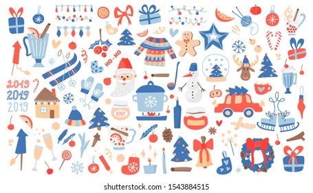 
Vector mega set of Christmas and New Year elements with holiday objects and symbols. Hand drawn style, design of cards, posters, packaging.