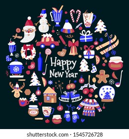 
Vector mega set of Christmas and New Year elements with holiday objects and symbols. Hand drawn style, design of cards, posters, packaging.