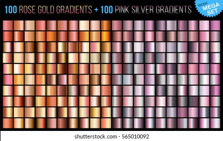 Vector mega set consisting of collection 100 rose-gold and 100 pink-silver gradients, modern glossy background for fashion design.