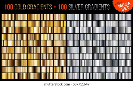 Vector mega set of gradients, consisting of collection 100 gold and 100 silver glossy squares. 
