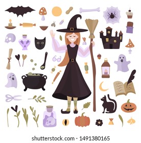 Vector mega set for halloween with a cute witch and magic items. For design, flyer, poster, background, party decoration on the eve of all saints.