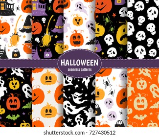Vector mega set of Halloween seamless pattern with pumpkin, ghost, stars, bat, moon Hand drawn pattern for Halloween design Perfect for decoration, wrapping papers, greeting cards, web page background