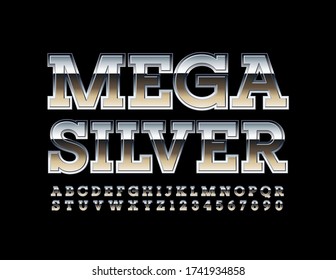 Letras y números de alfabeto de plata mega vectorial. Fuente metálica moderna