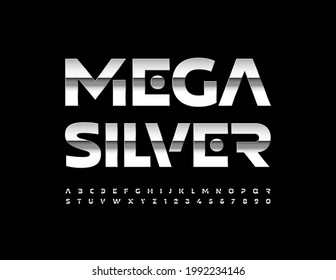 Vector Mega Silver Alphabet set. Shiny metallic Font. Techno digital Letters and Numbers 