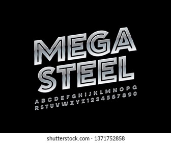 Vektorillustration Mega Steel Alphabet Buchstaben und Zahlen. Glossy Metallic Font.