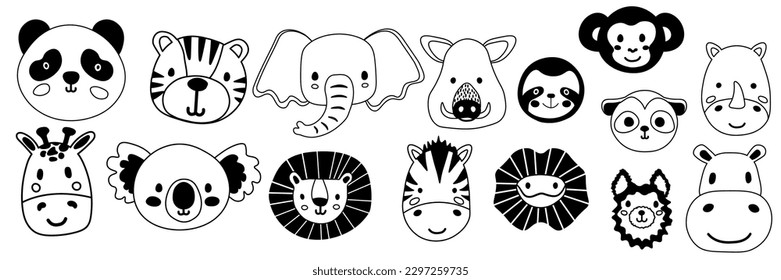 Vector mega sticker set with tiger,lion,zebra,giraffe,elephant,lizard,rhinoceros, sloth,koala,monkey,meerkat,panda,llama,hippopotamus,boar.Tropical jungle cartoon creatures.