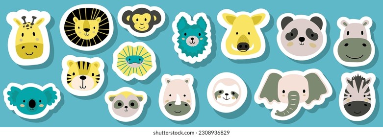 Vector mega sticker set with tiger,lion,zebra,giraffe,elephant,lizard,rhinoceros, sloth,koala,monkey,meerkat,panda,llama,hippopotamus,boar.Tropical jungle cartoon creatures