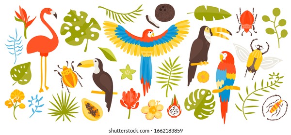 Mega vectorial conjunto tropical de elementos exóticos en estilo plano dibujado a mano. Hojas de palma, plantas tropicales, flores, hojas, pájaros, frutas. Colores cálidos de verano. Pegatinas, artículos, viajes, impresión en tela