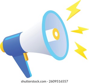 Vector Megaphone Icon – 3D Blue and White Loudspeaker with Yellow Sound Waves – Alert and Notification Symbol