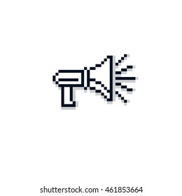 Vector megaphone pixel icon isolated, 8bit graphic element. Simplistic loudspeaker sign, broadcasting and media idea.